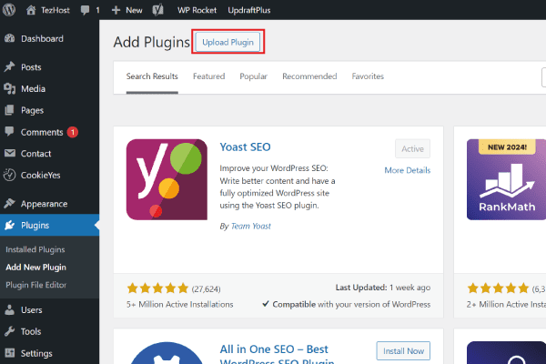 Screenshot of upload plugin button in WordPress dashboard