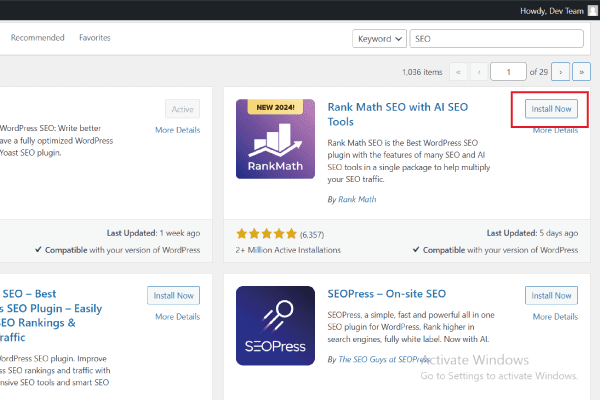 search results of WordPress plugin section with install plugins button highlighted