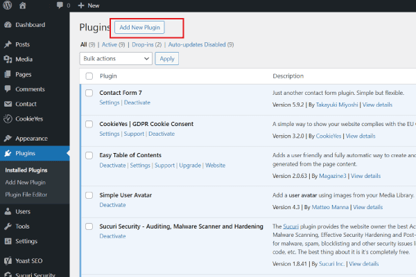 Wordpress plugins screen with highlighted add new plugin button
