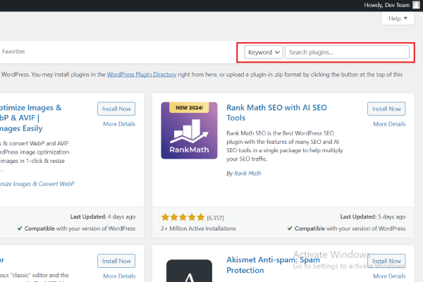 screenshot of WordPress dashboard with plugin directory highlighting search section